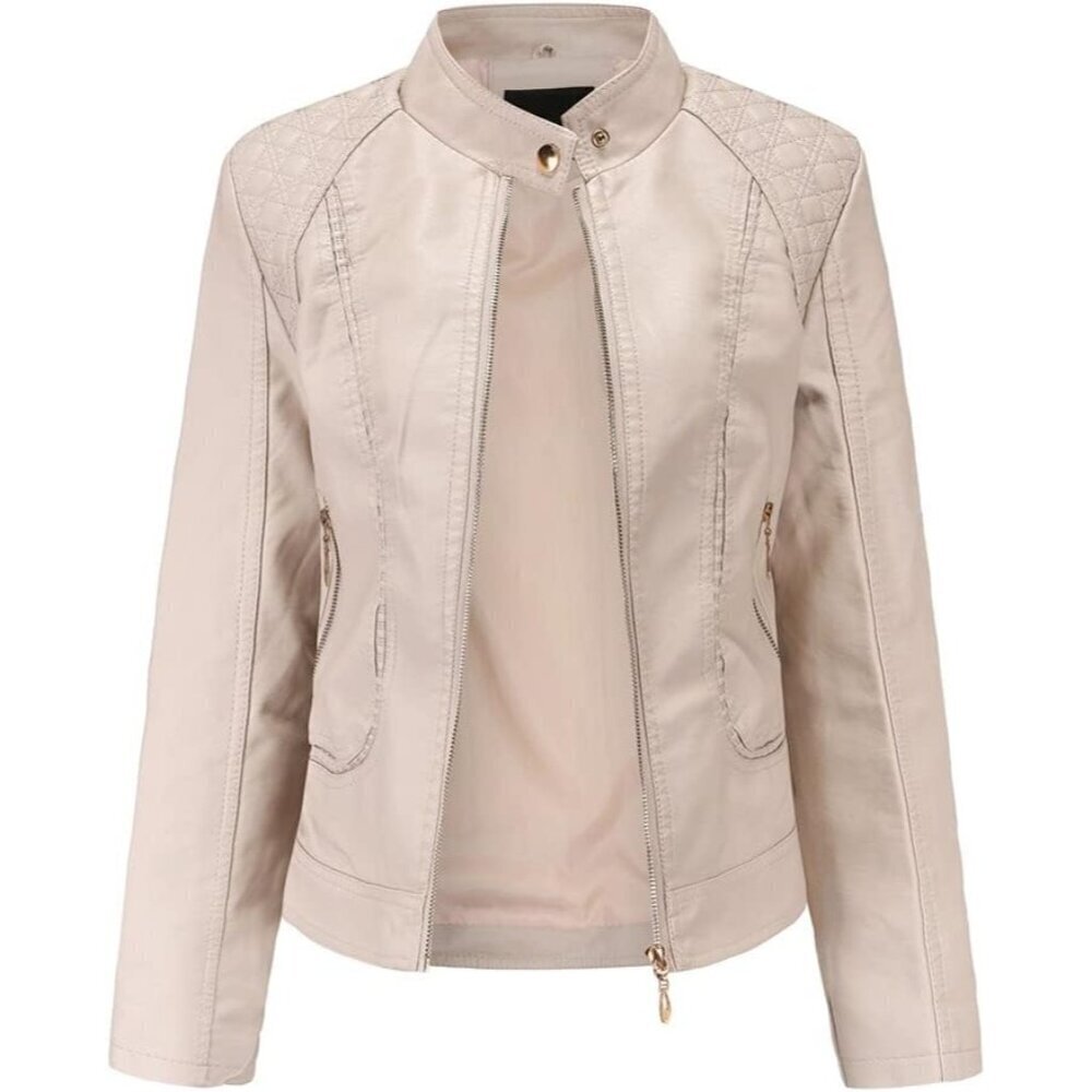 🆕Women Cream Trendy Faux Leather Jacket Moto Short Metal Zipper Fashion PU Coat